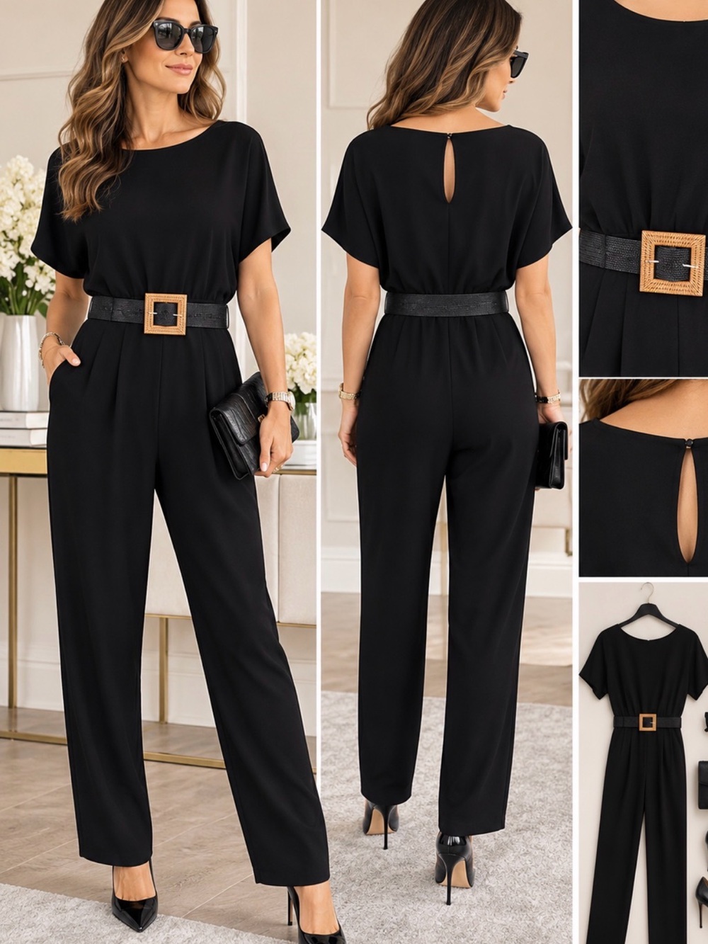 Classic Black Belted Jumpsuit with Square Buckle S